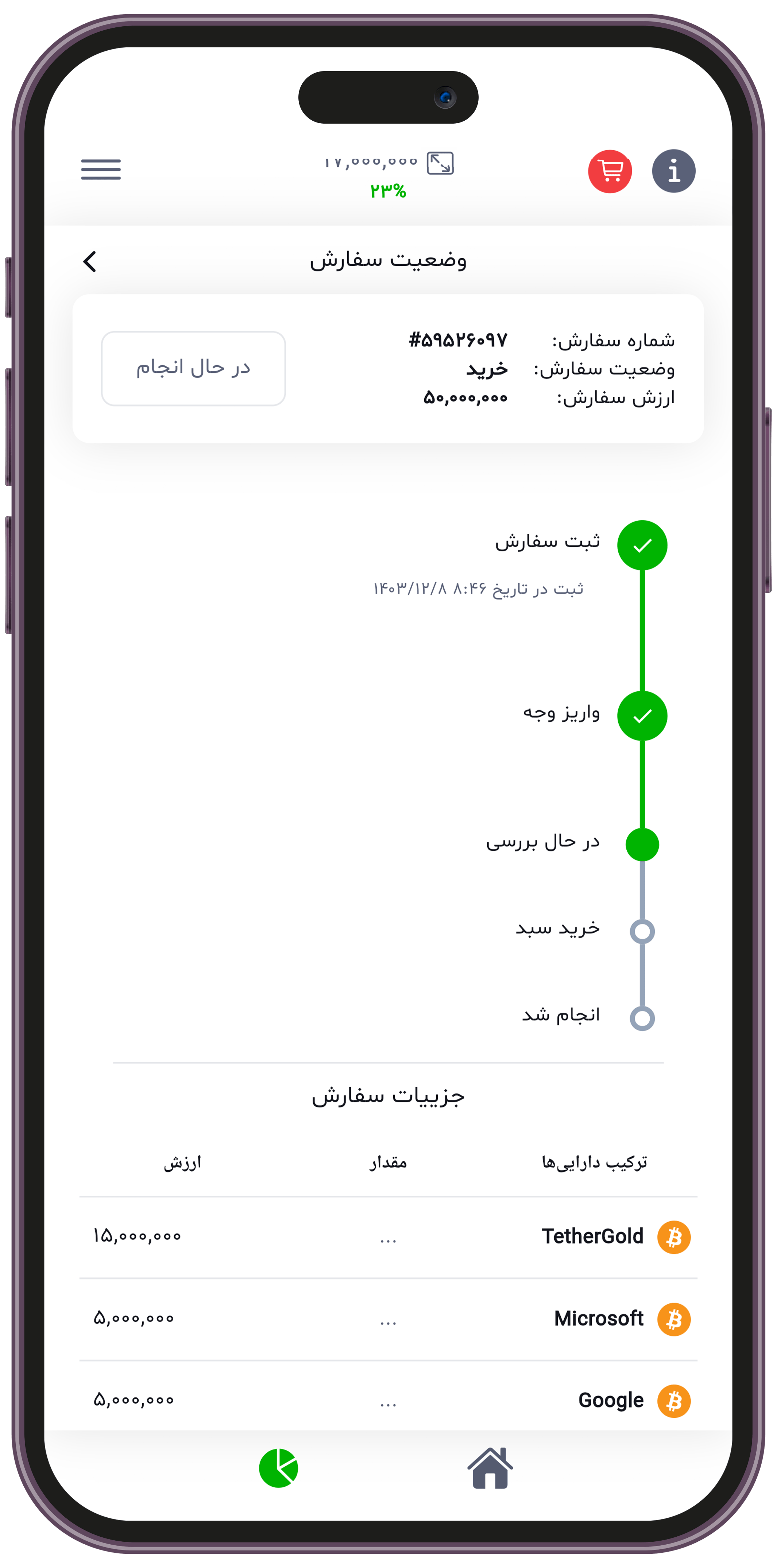 investino order status screenshot
